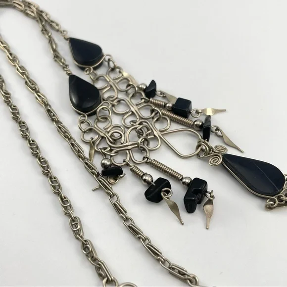 Vintage Alpaca Silver Wire And Black Onyx Statement Bib Necklace